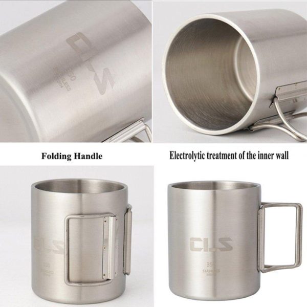 350ml Outdoor Camping Cup With Folding Handle 304 Stainless Steel Double Wall Water Mug Insulated Coffee Cup 350ml  |  Camp Kitchen Camp Kitchen 350ml