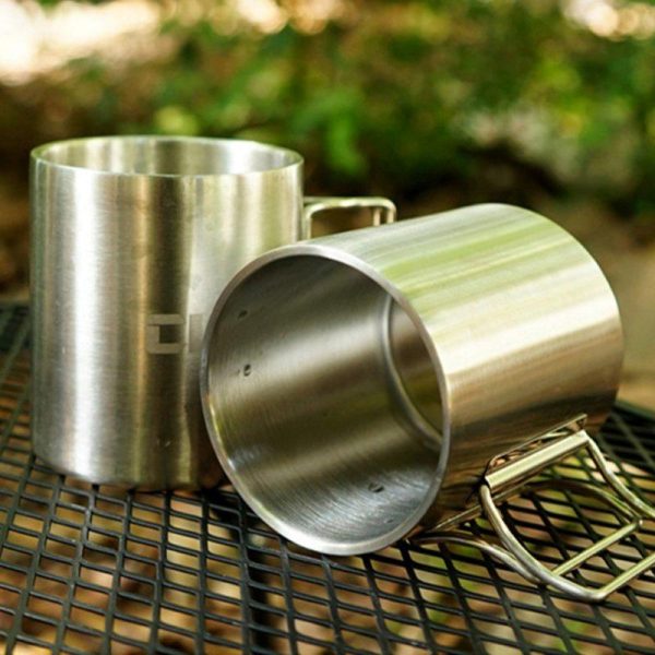 350ml Outdoor Camping Cup With Folding Handle 304 Stainless Steel Double Wall Water Mug Insulated Coffee Cup 350ml  |  Camp Kitchen Camp Kitchen 350ml