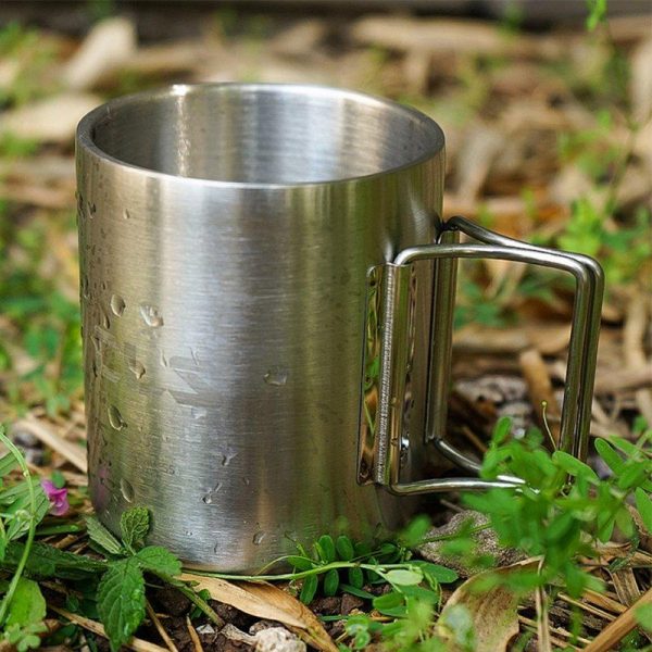 350ml Outdoor Camping Cup With Folding Handle 304 Stainless Steel Double Wall Water Mug Insulated Coffee Cup 350ml  |  Camp Kitchen Camp Kitchen 350ml