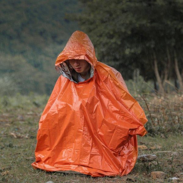 4PCS Emergency Rain Poncho Reusable Weather Resistant PE Aluminum Film Raincoat For Men Women Grown-ups Camping Orange (set of 4)  |  Survival Gears Camping & Hiking Orange (set of 4)