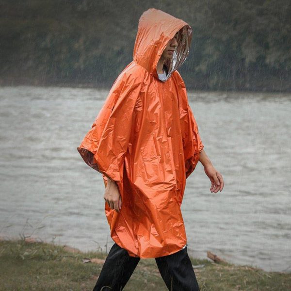 4PCS Emergency Rain Poncho Reusable Weather Resistant PE Aluminum Film Raincoat For Men Women Grown-ups Camping Orange (set of 4)  |  Survival Gears Camping & Hiking Orange (set of 4)