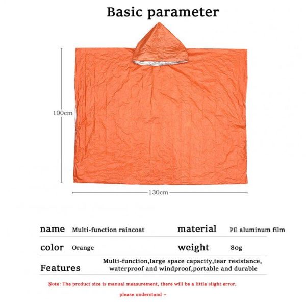 4PCS Emergency Rain Poncho Reusable Weather Resistant PE Aluminum Film Raincoat For Men Women Grown-ups Camping Orange (set of 4)  |  Survival Gears Camping & Hiking Orange (set of 4)