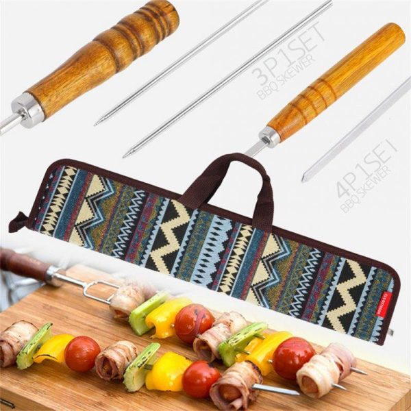 7pcs Stainless Steel Barbecue Skewers With Wooden Handle Outdoor Portable Bbq Needle Sticks Fork Set  |  Camp Kitchen Camp Kitchen As shown