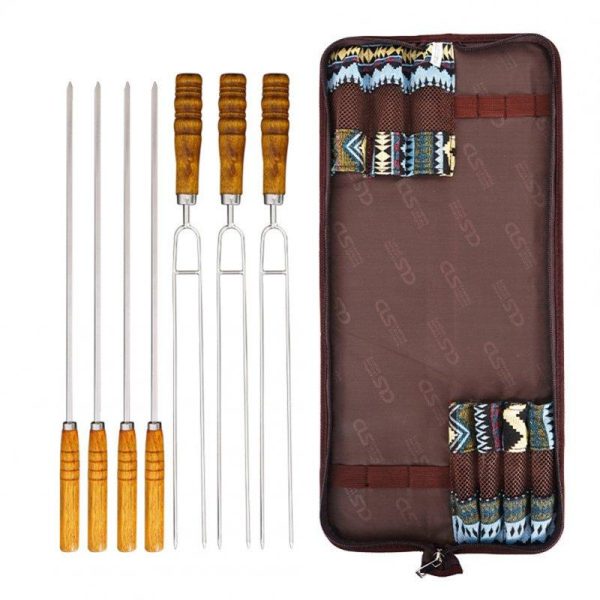 7pcs Stainless Steel Barbecue Skewers With Wooden Handle Outdoor Portable Bbq Needle Sticks Fork Set  |  Camp Kitchen Camp Kitchen As shown