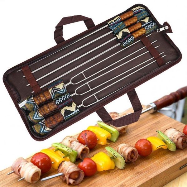 7pcs Stainless Steel Barbecue Skewers With Wooden Handle Outdoor Portable Bbq Needle Sticks Fork Set  |  Camp Kitchen Camp Kitchen As shown