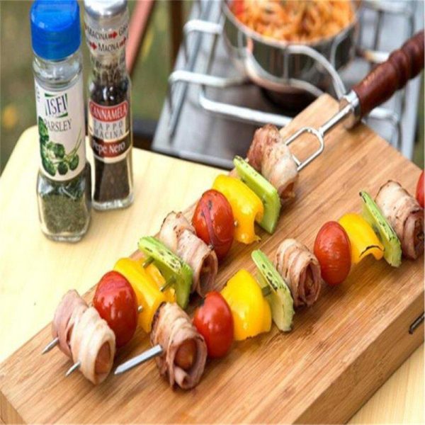 7pcs Stainless Steel Barbecue Skewers With Wooden Handle Outdoor Portable Bbq Needle Sticks Fork Set  |  Camp Kitchen Camp Kitchen As shown