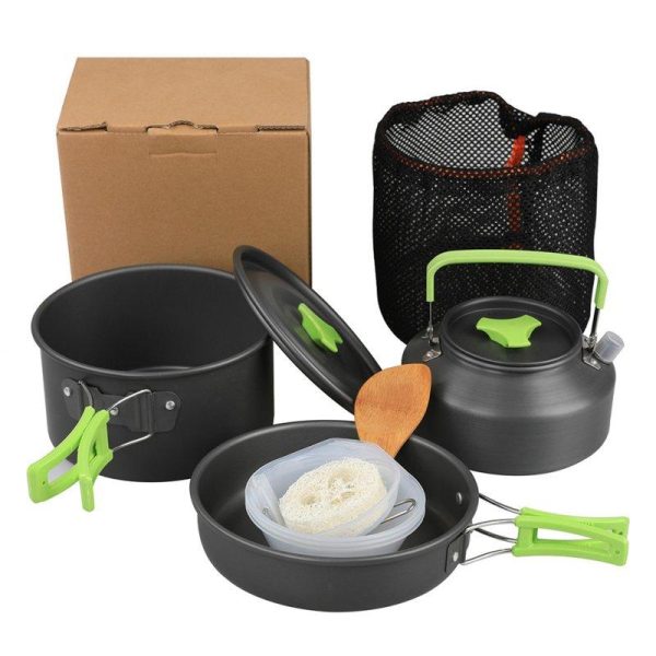 9 Pcs Outdoor Camping Cookware DS310 Picnic Cooking Set With Cooking Pot Frying Pan Kettle Plastic Bowl Spoon Rice Shovel Loofah Pouch Green (plus accessories)  |  Camp Kitchen Camp Kitchen Camp Kitchen