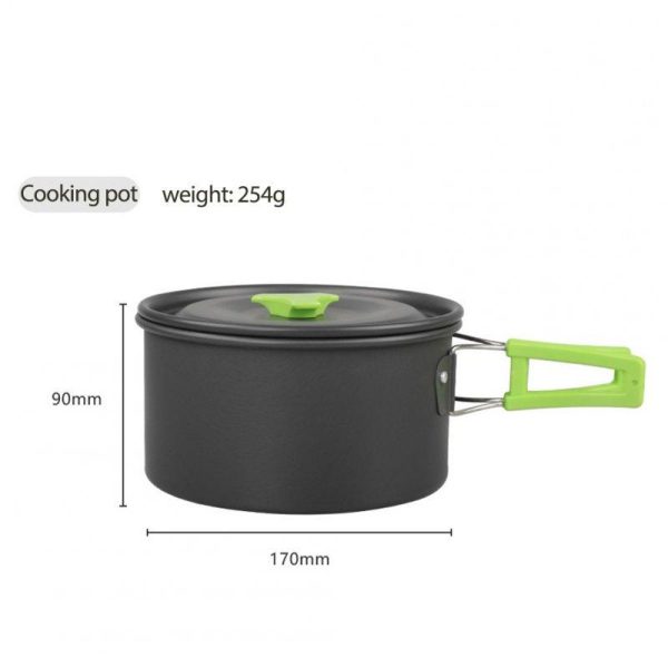 9 Pcs Outdoor Camping Cookware DS310 Picnic Cooking Set With Cooking Pot Frying Pan Kettle Plastic Bowl Spoon Rice Shovel Loofah Pouch Green (plus accessories)  |  Camp Kitchen Camp Kitchen Camp Kitchen