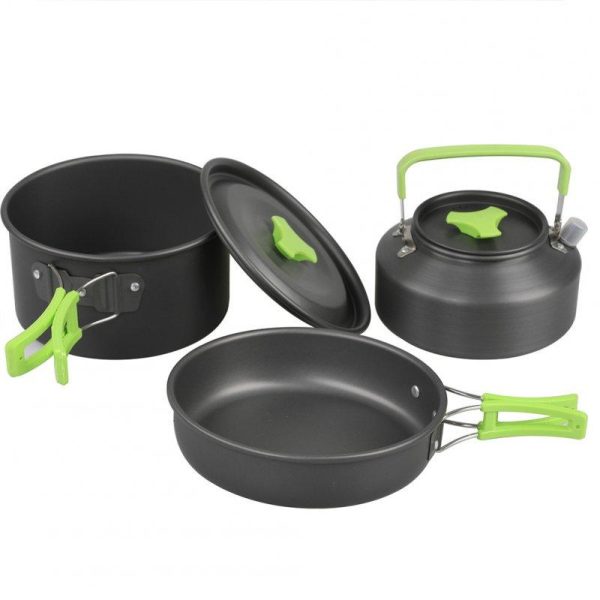 9 Pcs Outdoor Camping Cookware DS310 Picnic Cooking Set With Cooking Pot Frying Pan Kettle Plastic Bowl Spoon Rice Shovel Loofah Pouch Green (plus accessories)  |  Camp Kitchen Camp Kitchen Camp Kitchen