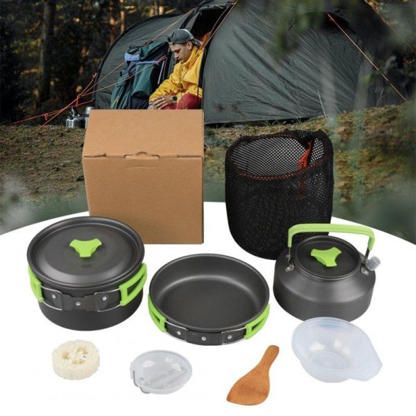 9 Pcs Outdoor Camping Cookware DS310 Picnic Cooking Set With Cooking Pot Frying Pan Kettle Plastic Bowl Spoon Rice Shovel Loofah Pouch Green (plus accessories)  |  Camp Kitchen Camp Kitchen Camp Kitchen