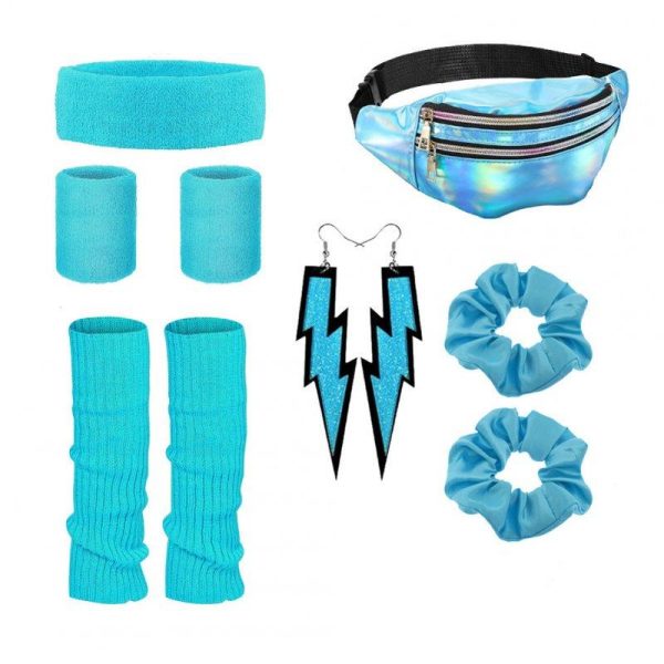 Environmental Protection Material Neon Prom Party Yoga Sports Headband Wristband Waist Bag Large Intestine Hair Ring Leg Set Lake Blue One size  |  Yoga Exercise & Sports Lake Blue + One size