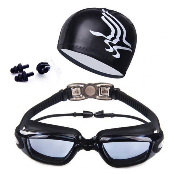 HD Anti Fog Swimming Goggles Swim Cap Set  |  Water Sports Exercise & Sports Transparent Black