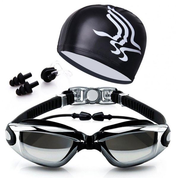 HD Anti Fog Swimming Goggles Swim Cap Set  |  Water Sports Exercise & Sports Transparent Black