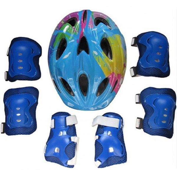 Kids Adjustable Bike Helmet Protect Set with Knee Elbow Wrist Guard for Cycling Biking Skateboard  Blue printing_Children  |  Protective Gears Exercise & Sports Blue printing + Children