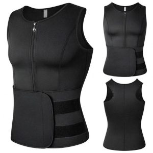 Men Sports Body Shaper Waist Trainer Double Sided Zipper Weight Loss Sauna Suit Slimming Shapewear black L  |  Protective Gears Exercise & Sports Black + L