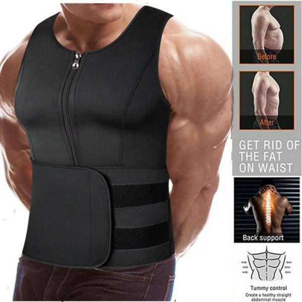 Men Sports Body Shaper Waist Trainer Double Sided Zipper Weight Loss Sauna Suit Slimming Shapewear black M  |  Protective Gears Exercise & Sports Black + M