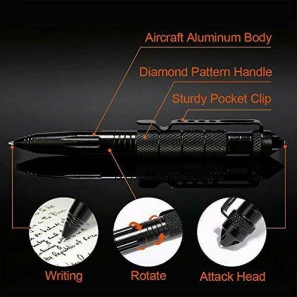 Self Defense Pen Aviation Aluminum Pen for Writing and Glass Breaker black  |  Survival Gears Camping & Hiking Black