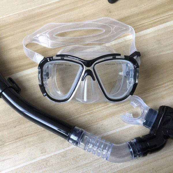 Snorkel Mask With Physical Tempered Glass Lens Swimming Waterproof Soft Silicone Glasses Full Dry Tube Diving Snorkel And Goggles Set Transparent Black  |  Water Sports Exercise & Sports Transparent Black