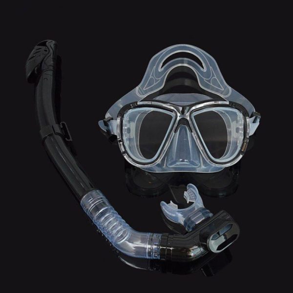 Snorkel Mask With Physical Tempered Glass Lens Swimming Waterproof Soft Silicone Glasses Full Dry Tube Diving Snorkel And Goggles Set Transparent Black  |  Water Sports Exercise & Sports Transparent Black