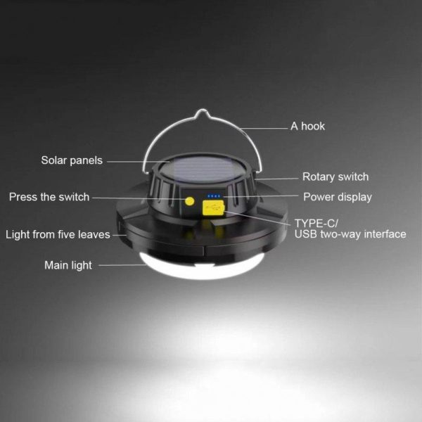 Solar Camping Light 5 Leaves Rotating Usb Rechargeable Tent Lantern Portable Emergency Work Lamp Black 4000mA  |  Outdoor Lamps Camping & Hiking Black 4000mA