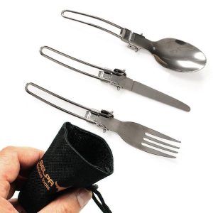 Stainless Steel Outdoor Picnic Tableware Set Foldable Cutlery Set for Camping Hiking 3Pcs/Set  Silver  |  Camp Kitchen Camp Kitchen Camp Kitchen