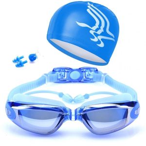 Swimming Accessories, HD Waterproof Anti Fog Swimming Goggles Swim Cap Set – UV Protection Anti Shatter Lenses blue  |  Water Sports Exercise & Sports Blue