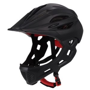 Children Bike Riding 16-Hole Breathable Helmet Detachable Full Face Chin Protection Balance Bicycle Safety Helmet with Rear Light all Black_One size  |  Cyclist Equipment Cycling All Black + One size